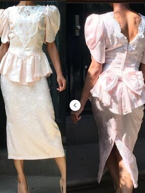 Scott McClintock 80s Coquette Lace Peplum Puff Sleeve Bow Satin Midi Dress